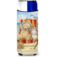 "Caroline's Treasures CDCO0336MUK ""Summer Teddy Bear and Cat on Beach"" Ultra Beverage Insulators for Slim Cans, Multicolor"