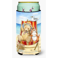 "Caroline's Treasures CDCO0336TBC ""Summer Teddy Bear and Cat on Beach"" Tall Boy Beverage Insulator Hugger, Multicolor"