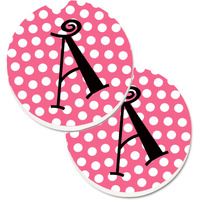 "Caroline's Treasures Letter A Monogram - Pink black Polka Dots Set of 2 Cup Holder Car Coasters CJ1001-ACARC, 2.56, Multicolor"