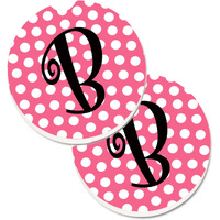 "Caroline's Treasures Letter B Monogram - Pink black Polka Dots Set of 2 Cup Holder Car Coasters CJ1001-BCARC, 2.56, Multicolor"
