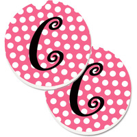 "Caroline's Treasures Letter C Monogram - Pink black Polka Dots Set of 2 Cup Holder Car Coasters CJ1001-CCARC, 2.56, Multicolor"