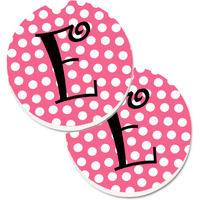 "Caroline's Treasures Letter E Monogram - Pink black Polka Dots Set of 2 Cup Holder Car Coasters CJ1001-ECARC, 2.56, Multicolor"
