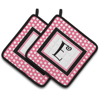 "Caroline's Treasures Letter E Monogram - Pink black Polka Dots Pair of Pot Holders CJ1001-EPTHD, 7.5HX7.5W, Multicolor"