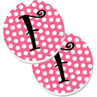 "Caroline's Treasures Letter F Monogram - Pink black Polka Dots Set of 2 Cup Holder Car Coasters CJ1001-FCARC, 2.56, Multicolor"