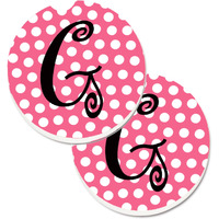 "Caroline's Treasures Letter G Monogram - Pink black Polka Dots Set of 2 Cup Holder Car Coasters CJ1001-GCARC, 2.56, Multicolor"