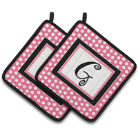 "Caroline's Treasures Letter G Monogram - Pink black Polka Dots Pair of Pot Holders CJ1001-GPTHD, 7.5HX7.5W, Multicolor"
