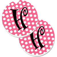 "Caroline's Treasures Letter H Monogram - Pink black Polka Dots Set of 2 Cup Holder Car Coasters CJ1001-HCARC, 2.56, Multicolor"