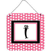 "Caroline's Treasures Letter I Initial with Pink/Black Polka Dots Wall or Door Hanging Prints, 6 x 6"", Multicolor"
