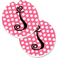 "Caroline's Treasures Letter J Monogram - Pink black Polka Dots Set of 2 Cup Holder Car Coasters CJ1001-JCARC, 2.56, Multicolor"