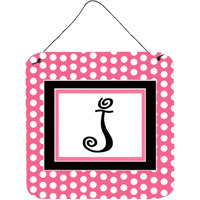 "Caroline's Treasures Letter J Initial with Pink/Black Polka Dots Wall or Door Hanging Prints, 6 x 6"", Multicolor"