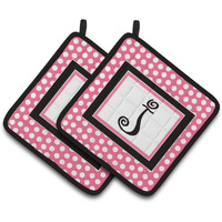 "Caroline's Treasures Letter J Monogram - Pink black Polka Dots Pair of Pot Holders CJ1001-JPTHD, 7.5HX7.5W, Multicolor"