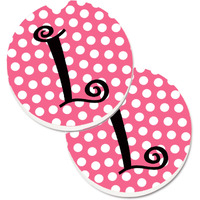 "Caroline's Treasures Letter L Monogram - Pink black Polka Dots Set of 2 Cup Holder Car Coasters CJ1001-LCARC, 2.56, Multicolor"
