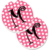"Caroline's Treasures Letter M Monogram - Pink black Polka Dots Set of 2 Cup Holder Car Coasters CJ1001-MCARC, 2.56, Multicolor"