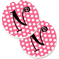 "Caroline's Treasures Letter N Monogram - Pink black Polka Dots Set of 2 Cup Holder Car Coasters CJ1001-NCARC, 2.56, Multicolor"