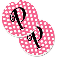 "Caroline's Treasures Letter P Monogram - Pink black Polka Dots Set of 2 Cup Holder Car Coasters CJ1001-PCARC, 2.56, Multicolor"