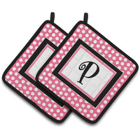 "Caroline's Treasures Letter P Monogram - Pink black Polka Dots Pair of Pot Holders CJ1001-PPTHD, 7.5HX7.5W, Multicolor"