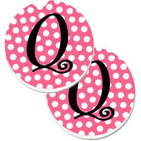 "Caroline's Treasures Letter Q Monogram - Pink black Polka Dots Set of 2 Cup Holder Car Coasters CJ1001-QCARC, 2.56, Multicolor"
