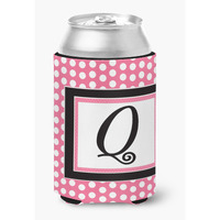 Letter Q Initial Monogram - Pink Black Polka Dots Can or Bottle Beverage Insulator Hugger