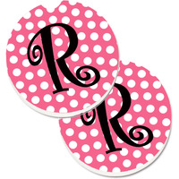 "Caroline's Treasures Letter R Monogram - Pink black Polka Dots Set of 2 Cup Holder Car Coasters CJ1001-RCARC, 2.56, Multicolor"