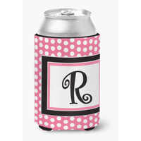 Letter R Initial Monogram - Pink Black Polka Dots Can or Bottle Beverage Insulator Hugger