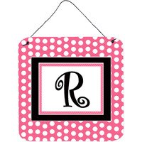 "Caroline's Treasures Letter R Initial with Pink/Black Polka Dots Wall or Door Hanging Prints, 6 x 6"", Multicolor"