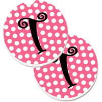 "Caroline's Treasures Letter T Monogram - Pink black Polka Dots Set of 2 Cup Holder Car Coasters CJ1001-TCARC, 2.56, Multicolor"
