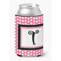 Letter T Initial Monogram - Pink Black Polka Dots Can or Bottle Beverage Insulator Hugger