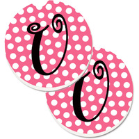 "Caroline's Treasures Letter U Monogram - Pink black Polka Dots Set of 2 Cup Holder Car Coasters CJ1001-UCARC, 2.56, Multicolor"