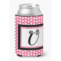 Letter U Initial Monogram - Pink Black Polka Dots Can or Bottle Beverage Insulator Hugger