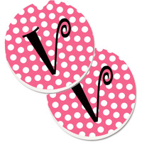 "Caroline's Treasures Letter V Monogram - Pink black Polka Dots Set of 2 Cup Holder Car Coasters CJ1001-VCARC, 2.56, Multicolor"