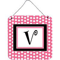 "Caroline's Treasures Letter V Initial with Pink/Black Polka Dots Wall or Door Hanging Prints, 6 x 6"", Multicolor"