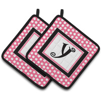 "Caroline's Treasures Letter Y Monogram - Pink black Polka Dots Pair of Pot Holders CJ1001-YPTHD, 7.5HX7.5W, Multicolor"