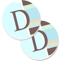 "Caroline's Treasures Letter D Initial Monogram - Blue Stripes Set of 2 Cup Holder Car Coasters CJ1003-DCARC, 2.56, Multicolor"