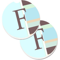 "Caroline's Treasures Letter F Initial Monogram - Blue Stripes Set of 2 Cup Holder Car Coasters CJ1003-FCARC, 2.56, Multicolor"