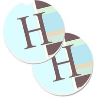 "Caroline's Treasures Letter H Initial Monogram - Blue Stripes Set of 2 Cup Holder Car Coasters CJ1003-HCARC, 2.56, Multicolor"