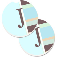 "Caroline's Treasures Letter J Initial Monogram - Blue Stripes Set of 2 Cup Holder Car Coasters CJ1003-JCARC, 2.56, Multicolor"