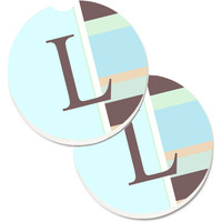"Caroline's Treasures Letter L Initial Monogram - Blue Stripes Set of 2 Cup Holder Car Coasters CJ1003-LCARC, 2.56, Multicolor"
