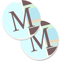 "Caroline's Treasures Letter M Initial Monogram - Blue Stripes Set of 2 Cup Holder Car Coasters CJ1003-MCARC, 2.56, Multicolor"