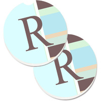 "Caroline's Treasures Letter R Initial Monogram - Blue Stripes Set of 2 Cup Holder Car Coasters CJ1003-RCARC, 2.56, Multicolor"