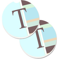 "Caroline's Treasures Letter T Initial Monogram - Blue Stripes Set of 2 Cup Holder Car Coasters CJ1003-TCARC, 2.56, Multicolor"