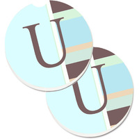 "Caroline's Treasures Letter U Initial Monogram - Blue Stripes Set of 2 Cup Holder Car Coasters CJ1003-UCARC, 2.56, Multicolor"