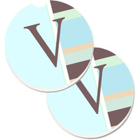 "Caroline's Treasures Letter V Initial Monogram - Blue Stripes Set of 2 Cup Holder Car Coasters CJ1003-VCARC, 2.56, Multicolor"