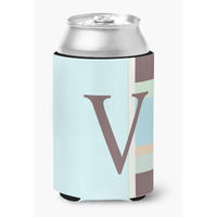 Letter V Initial Monogram - Blue Stripes Can or Bottle Beverage Insulator Hugger