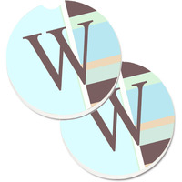 "Caroline's Treasures Letter W Initial Monogram - Blue Stripes Set of 2 Cup Holder Car Coasters CJ1003-WCARC, 2.56, Multicolor"
