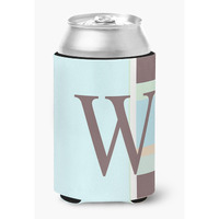 Letter W Initial Monogram - Blue Stripes Can or Bottle Beverage Insulator Hugger