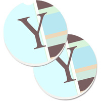 "Caroline's Treasures Letter Y Initial Monogram - Blue Stripes Set of 2 Cup Holder Car Coasters CJ1003-YCARC, 2.56, Multicolor"