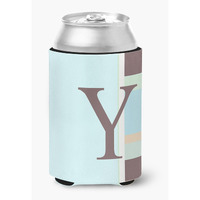 Letter Y Initial Monogram - Blue Stripes Can or Bottle Beverage Insulator Hugger