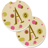 "Caroline's Treasures Letter A Monogram - Tan Dots Set of 2 Cup Holder Car Coasters CJ1004-ACARC, 2.56, Multicolor"