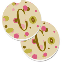 "Caroline's Treasures Letter C Initial Monogram - Tan Dots Set of 2 Cup Holder Car Coasters CJ1004-CCARC, 2.56, Multicolor"