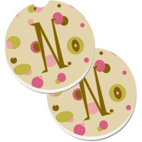 "Caroline's Treasures Letter N Initial Monogram - Tan Dots Set of 2 Cup Holder Car Coasters CJ1004-NCARC, 2.56, Multicolor"